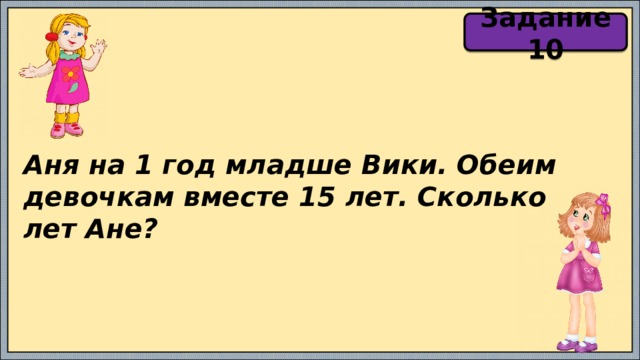 Задание 10 Аня на 1 год младше Вики. Обеим девочкам вместе 15 лет. Сколько лет Ане? 