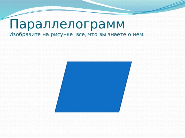 Параллелограмм  Изобразите на рисунке все, что вы знаете о нем. 