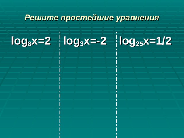 Решите простейшие уравнения log 8 x= 2   log 3 x= -2   log 25 x= 1/2 