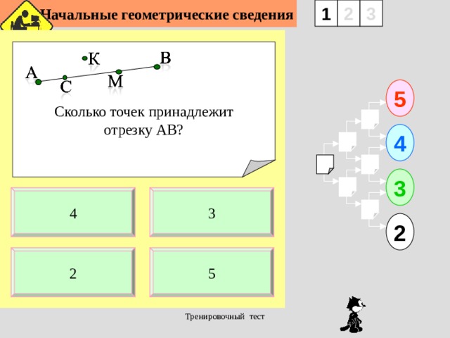 Начальные геометрические сведения 3 2 1 Сколько точек принадлежит отрезку АВ? 5 4 3 4 3 2 2 5 Тренировочный тест  