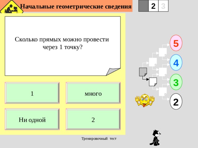  Начальные геометрические сведения 3 2 1 Сколько прямых можно провести через 1 точку? 5 4 3 много 1 2 Ни одной 2 Тренировочный тест  
