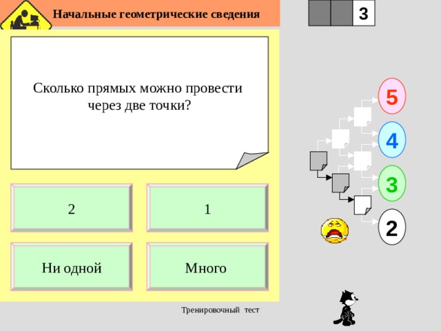 Начальные геометрические сведения 1 3 2 Сколько прямых можно провести через две точки? 5 4 3 1 2 2 Много Ни одной Тренировочный тест  