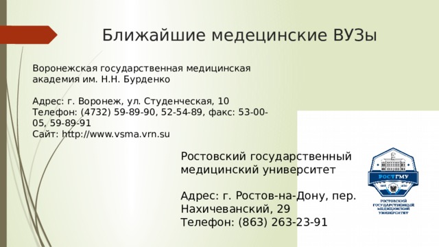  Ближайшие медецинские ВУЗы Воронежская государственная медицинская академия им. Н.Н. Бурденко Адрес: г. Воронеж, ул. Студенческая, 10 Телефон: (4732) 59-89-90, 52-54-89, факс: 53-00-05, 59-89-91 Сайт: http://www.vsma.vrn.su Ростовский государственный медицинский университет Адрес: г. Ростов-на-Дону, пер. Нахичеванский, 29 Телефон: (863) 263-23-91 
