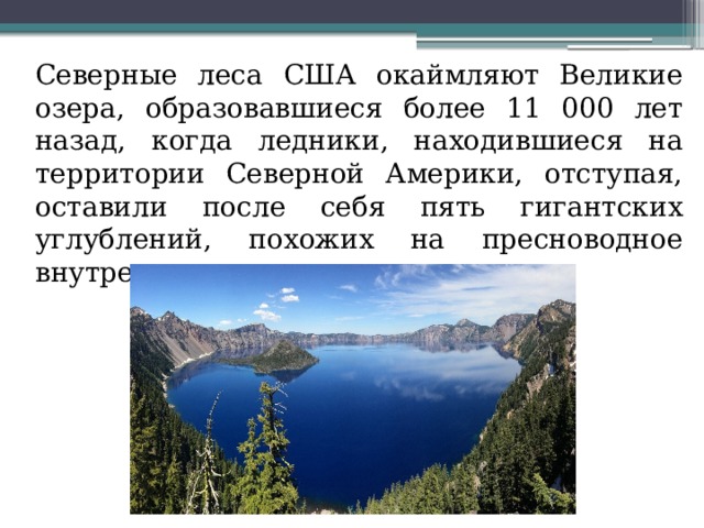  Северные леса США окаймляют Великие озера, образовавшиеся более 11 000 лет назад, когда ледники, находившиеся на территории Северной Америки, отступая, оставили после себя пять гигантских углублений, похожих на пресноводное внутреннее море 