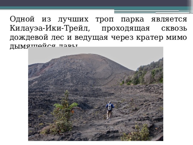  Одной из лучших троп парка является Килауэа-Ики-Трейл, проходящая сквозь дождевой лес и ведущая через кратер мимо дымящейся лавы 