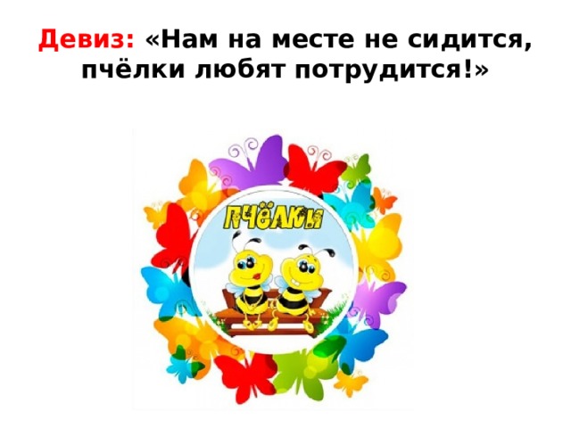 Девиз: «Нам на месте не сидится, пчёлки любят потрудится!» 