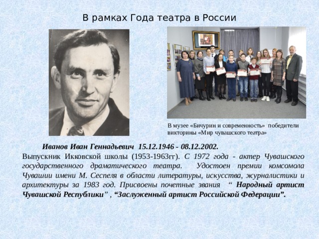 В рамках Года театра в России В музее «Бичурин и современность» победители викторины «Мир чувашского театра»  Иванов Иван Геннадьевич 15.12.1946 - 08.12.2002. Выпускник Икковской школы (1953-1963гг). С 1972 года - актер Чувашского государственного драматического театра. Удостоен премии комсомола Чувашии имени М. Сеспеля в области литературы, искусства, журналистики и архитектуры за 1983 год. Присвоены почетные звания “ Народный артист Чувашской Республики ” , “Заслуженный артист Российской Федерации”. 