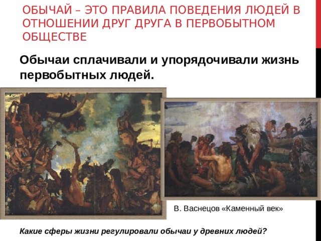 ОБЫЧАЙ – ЭТО ПРАВИЛА ПОВЕДЕНИЯ ЛЮДЕЙ В ОТНОШЕНИИ ДРУГ ДРУГА В ПЕРВОБЫТНОМ ОБЩЕСТВЕ Обычаи сплачивали и упорядочивали жизнь первобытных людей. В. Васнецов «Каменный век» Какие сферы жизни регулировали обычаи у древних людей? 