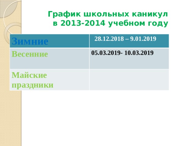 График школьных каникул   в 2013-2014 учебном году Зимние    28.12.2018 – 9.01.2019 Весенние      05.03.2019- 10.03.2019 Майские  праздники   