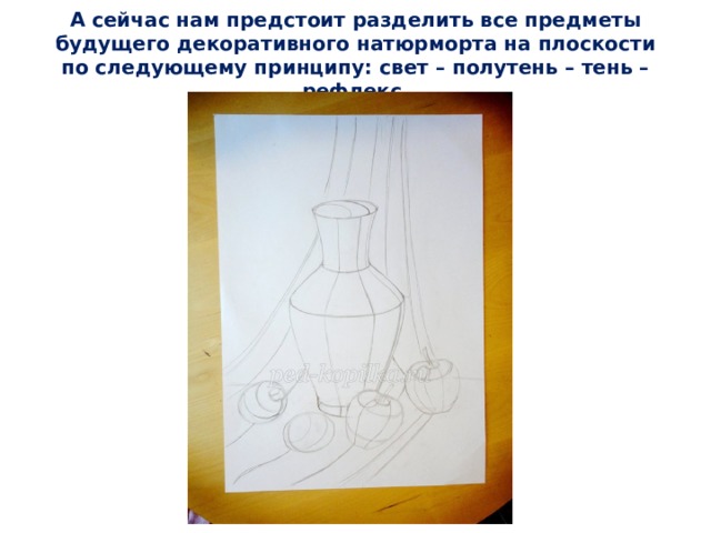 А сейчас нам предстоит разделить все предметы будущего декоративного натюрморта на плоскости по следующему принципу: свет – полутень – тень – рефлекс.   