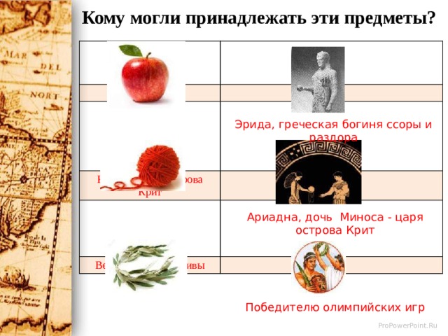 Кому могли принадлежать эти предметы?  ЯБЛОКО   Клубок ниток острова Крит  Венок из ветвей оливы Эрида, греческая богиня ссоры и раздора Ариадна, дочь Миноса - царя острова Крит Победителю олимпийских игр 