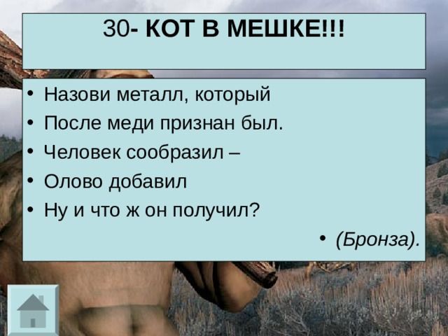 30 - КОТ В МЕШКЕ!!!   Назови металл, который После меди признан был. Человек сообразил – Олово добавил Ну и что ж он получил? (Бронза). 