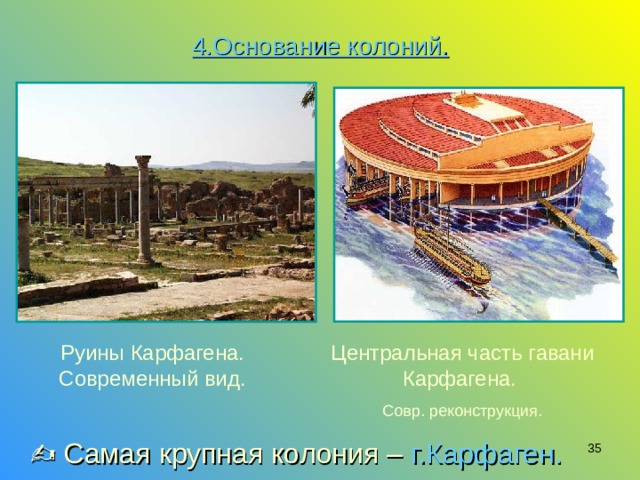 4.Основание колоний.   Центральная часть гавани Карфагена. Совр. реконструкция. Руины Карфагена. Современный вид.   Самая крупная колония – г.Карфаген.  