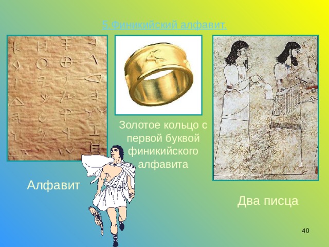 5.Финикийский алфавит.   Золотое кольцо с первой буквой финикийского алфавита Алфавит Два писца  