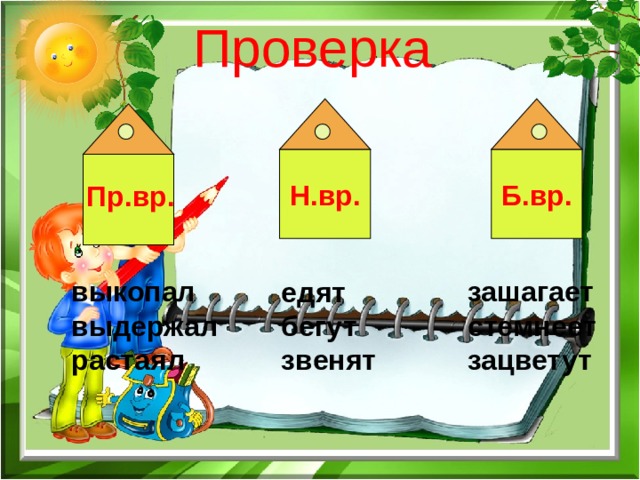 Проверка Б.вр. Н.вр. Пр.вр. выкопал зашагает выдержал стемнеет растаял зацветут едят бегут звенят 