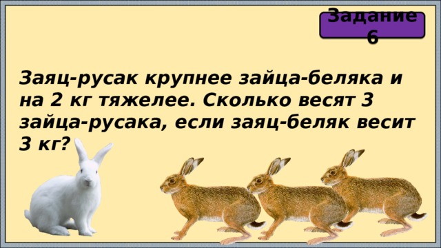 Задание 6 Заяц-русак крупнее зайца-беляка и на 2 кг тяжелее. Сколько весят 3 зайца-русака, если заяц-беляк весит 3 кг? 