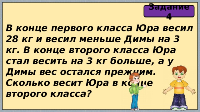 Задание 4 В конце первого класса Юра весил 28 кг и весил меньше Димы на 3 кг. В конце второго класса Юра стал весить на 3 кг больше, а у Димы вес остался прежним. Сколько весит Юра в конце второго класса? 