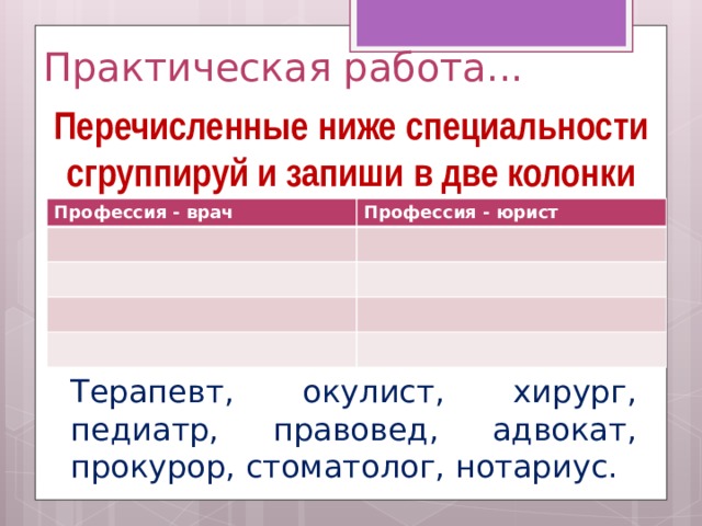 Практическая работа... Перечисленные ниже специальности сгруппируй и запиши в две колонки Профессия - врач Профессия - юрист Терапевт, окулист, хирург, педиатр, правовед, адвокат, прокурор, стоматолог, нотариус.