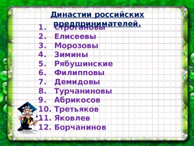 Династии российских предпринимателей. Строгановы Елисеевы Морозовы Зимины Рябушинские Филипповы Демидовы Турчаниновы Абрикосов Третьяков Яковлев Борчанинов