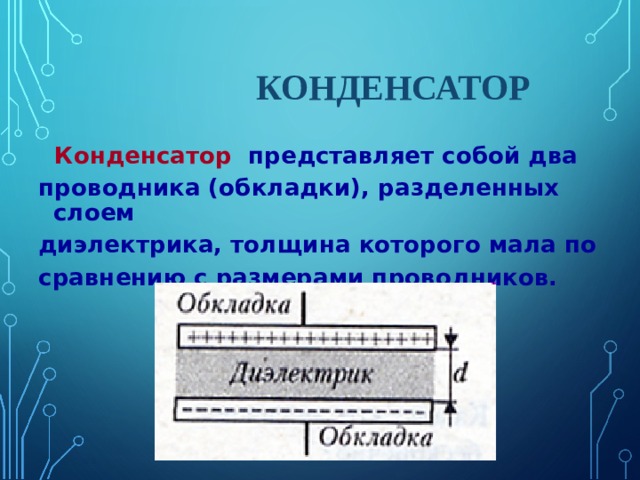  КОНДЕНСАТОР  Конденсатор представляет собой два проводника (обкладки), разделенных слоем диэлектрика, толщина которого мала по сравнению с размерами проводников. 