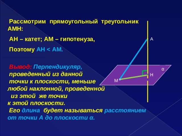  Рассмотрим прямоугольный треугольник АМН:  АН – катет; АМ – гипотенуза,  Поэтому АН    Вывод: Перпендикуляр,  проведенный из данной  точки к плоскости, меньше любой наклонной, проведенной  из этой же точки к этой плоскости.  Его длина будет называться расстоянием от точки А до плоскости α. А α Н  М 