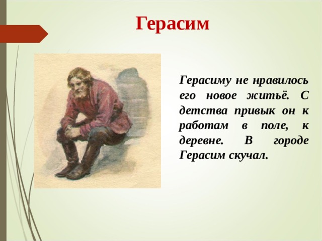  Герасим Герасиму не нравилось его новое житьё. С детства привык он к работам в поле, к деревне. В городе Герасим скучал. 