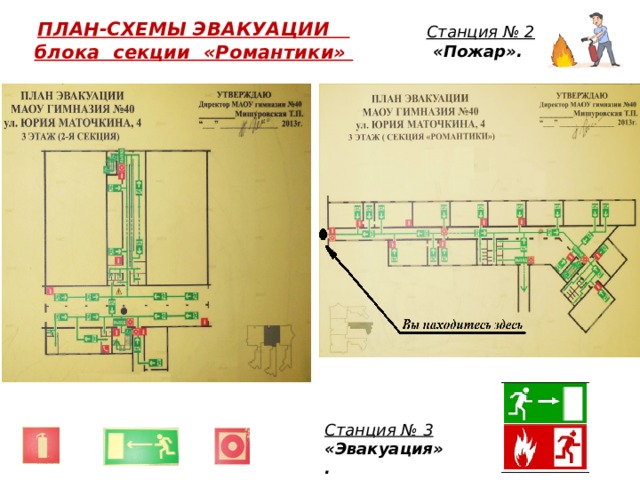 ПЛАН-СХЕМЫ ЭВАКУАЦИИ  блока секции «Романтики» Станция № 2  «Пожар».   Станция № 3  «Эвакуация».  