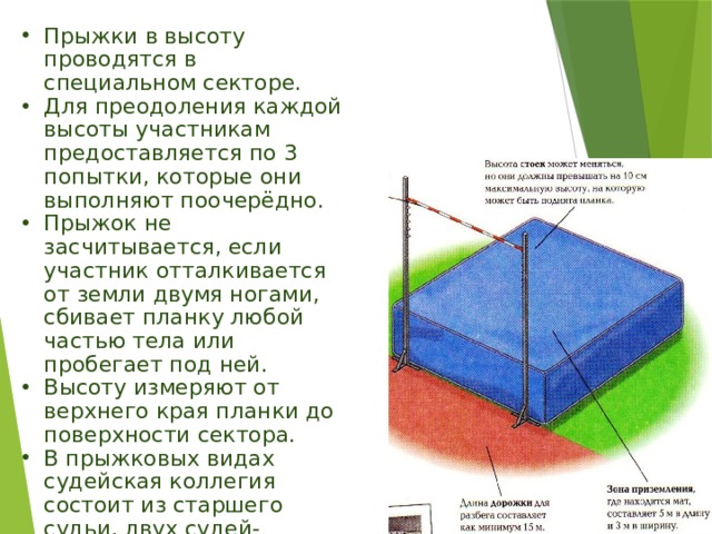 Прыжки в высоту проводятся в специальном секторе. Для преодоления каждой высоты участникам предоставляется по 3 попытки, которые они выполняют поочерёдно. Прыжок не засчитывается, если участник отталкивается от земли двумя ногами, сбивает планку любой частью тела или пробегает под ней. Высоту измеряют от верхнего края планки до поверхности сектора. В прыжковых видах судейская коллегия состоит из старшего судьи, двух судей-измерителей и секретаря. 