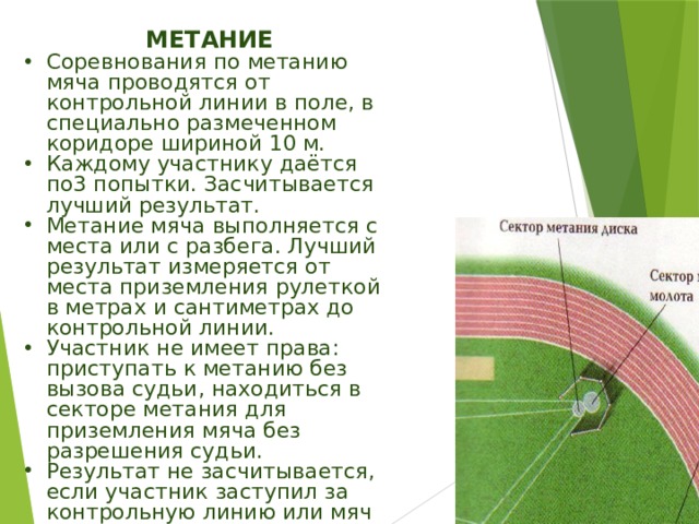 МЕТАНИЕ Соревнования по метанию мяча проводятся от контрольной линии в поле, в специально размеченном коридоре шириной 10 м. Каждому участнику даётся по3 попытки. Засчитывается лучший результат. Метание мяча выполняется с места или с разбега. Лучший результат измеряется от места приземления рулеткой в метрах и сантиметрах до контрольной линии. Участник не имеет права: приступать к метанию без вызова судьи, находиться в секторе метания для приземления мяча без разрешения судьи. Результат не засчитывается, если участник заступил за контрольную линию или мяч при метании приземлился вне коридора. 