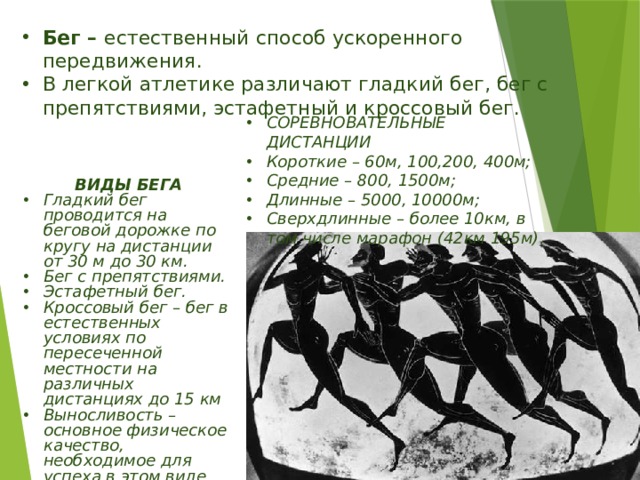 Бег – естественный способ ускоренного передвижения. В легкой атлетике различают гладкий бег, бег с препятствиями, эстафетный и кроссовый бег. СОРЕВНОВАТЕЛЬНЫЕ ДИСТАНЦИИ Короткие – 60м, 100,200, 400м; Средние – 800, 1500м; Длинные – 5000, 10000м; Сверхдлинные – более 10км, в том числе марафон (42км 195м). ВИДЫ БЕГА Гладкий бег проводится на беговой дорожке по кругу на дистанции от 30 м до 30 км. Бег с препятствиями. Эстафетный бег. Кроссовый бег – бег в естественных условиях по пересеченной местности на различных дистанциях до 15 км Выносливость – основное физическое качество, необходимое для успеха в этом виде лёгкой атлетике.  