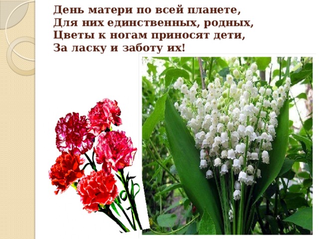 День матери по всей планете,  Для них единственных, родных,  Цветы к ногам приносят дети,  За ласку и заботу их!   