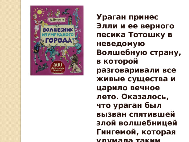 Ураган принес Элли и ее верного песика Тотошку в неведомую Волшебную страну, в которой разговаривали все живые существа и царило вечное лето. Оказалось, что ураган был вызван спятившей злой волшебницей Гингемой, которая удумала таким образом погубить всех людей . 