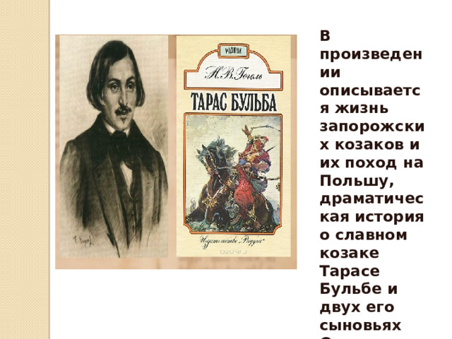 В произведении описывается жизнь запорожских козаков и их поход на Польшу, драматическая история о славном козаке Тарасе Бульбе и двух его сыновьях Остапе и Андрие. 