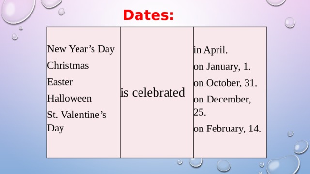 Dates: New Year’s Day is celebrated Christmas in April. Easter on January, 1. Halloween on October, 31. St. Valentine’s Day on December, 25.   on February, 14.       