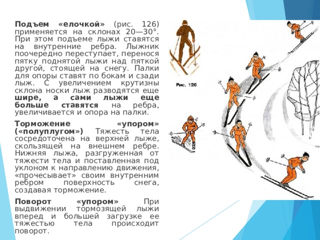  Подъем «елочкой» (рис. 126) применяется на склонах 20—30°. При этом подъеме лыжи ставятся на внутренние ребра. Лыжник поочередно переступает, перенося пятку поднятой лыжи над пяткой другой, стоящей на снегу. Палки для опоры ставят по бокам и сзади лыж. С увеличением крутизны склона носки лыж разводятся еще шире, а сами лыжи еще больше ставятся на ребра, увеличивается и опора на палки.  Торможение «упором» («полуплугом») Тяжесть тела сосредоточена на верхней лыже, скользящей на внешнем ребре. Нижняя лыжа, разгруженная от тяжести тела и поставленная под уклоном к направ­лению движения, «прочесывает» своим внутренним ребром поверхность снега, создавая торможение.  Поворот «упором» При выдвижении тормозящей лыжи вперед и большей загрузке ее тяжестью тела происходит поворот. 