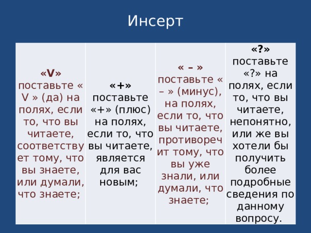Инсерт   «V»  поставьте « V » (да) на полях, если то, что вы читаете, соответствует тому, что вы знаете, или думали, что знаете;  «+»  поставьте «+» (плюс) на полях, если то, что вы читаете, является для вас новым; « – »  поставьте « – » (минус), на полях, если то, что вы читаете, противоречит тому, что вы уже знали, или думали, что знаете; «?»  поставьте «?» на полях, если то, что вы читаете, непонятно, или же вы хотели бы получить более подробные сведения по данному вопросу. 