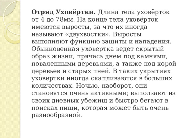 Отряд Уховёртки. Длина тела уховёрток от 4 до 78мм. На конце тела уховёрток имеются выросты, за что их иногда называют «двухвостки». Выросты выполняют функцию защиты и нападения. Обыкновенная уховертка ведет скрытый образ жизни, прячась днем под камнями, поваленными деревьями, а также под корой деревьев и старых пней. В таких укрытиях уховертки иногда скапливаются в больших количествах. Ночью, наоборот, они становятся очень активными; выползают из своих дневных убежищ и быстро бегают в поисках пищи, которая может быть очень разнообразной. 