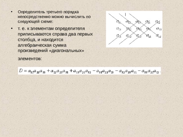 Определитель третьего порядка непосредственно можно вычислить по следующей схеме: т. е. к элементам определителя приписываются справа два первых столбца, и находится алгебраическая сумма произведений «диагональных» элементов:  
