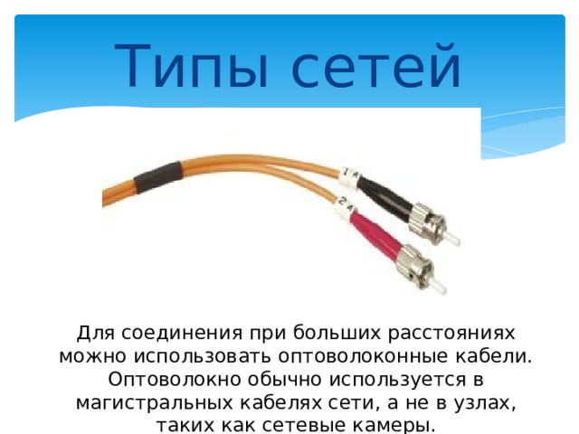 Типы сетей Ethernet Для соединения при больших расстояниях можно использовать оптоволоконные кабели. Оптоволокно обычно используется в магистральных кабелях сети, а не в узлах, таких как сетевые камеры. 