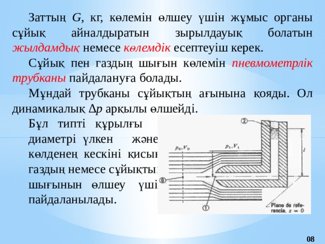 Заттың G , кг, көлемін өлшеу үшін жұмыс органы сұйық айналдыратын зырылдауық болатын жылдамдық немесе көлемдік есептеуіш керек. Сұйық пен газдың шығын көлемін пневмометрлік трубканы пайдалануға болады. Мұндай трубканы сұйықтың ағынына қояды. Ол динамикалық ∆p арқылы өлшейді. Бұл типті құрылғы диаметрі үлкен және көлденең кескіні қисық газдың немесе сұйықтың шығынын өлшеу үшін пайдаланылады. 08 