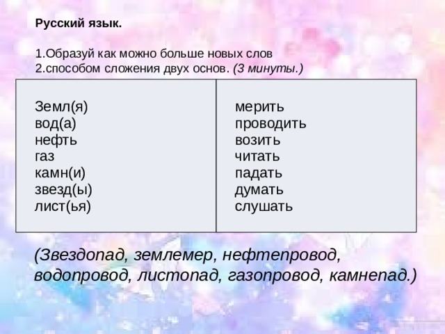 Русский язык. Образуй как можно больше новых слов способом сложения двух основ.  (3 минуты.) Земл(я) вод(а) мерить проводить нефть возить газ читать камн(и) падать звезд(ы) думать лист(ья) слушать (Звездопад, землемер, нефтепровод, водопровод, листопад, газопровод, камнепад.) 