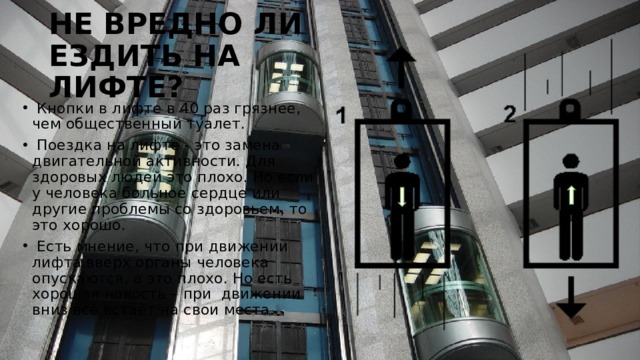 НЕ ВРЕДНО ЛИ ЕЗДИТЬ НА ЛИФТЕ?   Кнопки в лифте в 40 раз грязнее, чем общественный туалет.  Поездка на лифте - это замена двигательной активности. Для здоровых людей это плохо. Но если у человека больное сердце или другие проблемы со здоровьем, то это хорошо.  Есть мнение, что при движении лифта вверх органы человека опускаются, а это плохо. Но есть хорошая новость – при движении вниз всё встаёт на свои места. 