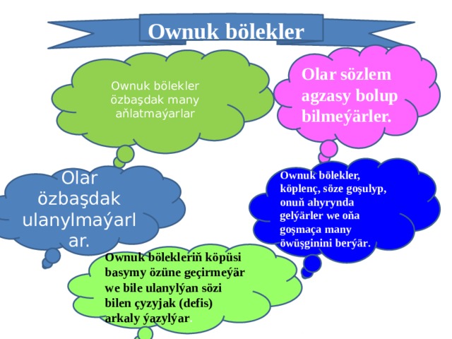 Ownuk bölekler     O . Olar sözlem agzasy bolup bilmeýärler. Ownuk bölekler özbaşdak many aňlatmaýarlar Ownuk bölekler, köplenç, söze goşulyp, onuň ahyrynda gelýärler we oňa goşmaça many öwüşginini berýär . Olar özbaşdak ulanylmaýarlar. Ownuk bölekleriň köpüsi basymy özüne geçirmeýär we bile ulanylýan sözi bilen çyzyjak (defis) arkaly ýazylýar . 