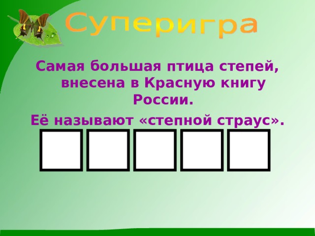 Самая большая птица степей, внесена в Красную книгу России. Её называют «степной страус».  