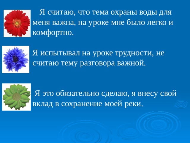  Я считаю, что тема охраны воды для меня важна, на уроке мне было легко и комфортно. Я испытывал на уроке трудности, не считаю тему разговора важной.  Я это обязательно сделаю, я внесу свой вклад в сохранение моей реки. 