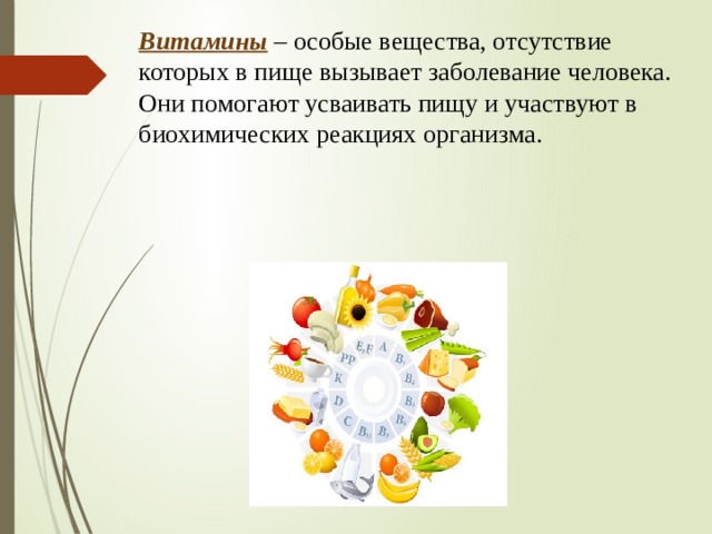Витамины  – особые вещества, отсутствие которых в пище вызывает заболевание человека. Они помогают усваивать пищу и участвуют в биохимических реакциях организма.  