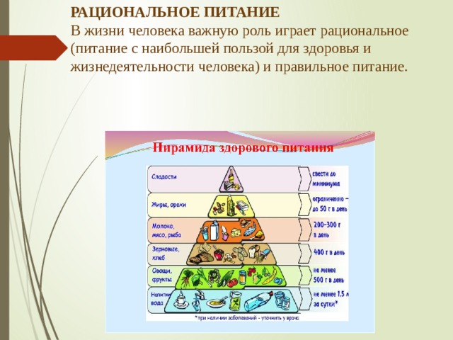 РАЦИОНАЛЬНОЕ ПИТАНИЕ  В жизни человека важную роль играет рациональное (питание с наибольшей пользой для здоровья и жизнедеятельности человека) и правильное питание.   