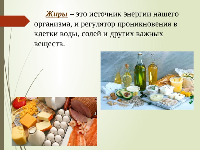   Жиры  – это источник энергии нашего организма, и регулятор проникновения в клетки воды, солей и других важных веществ. 