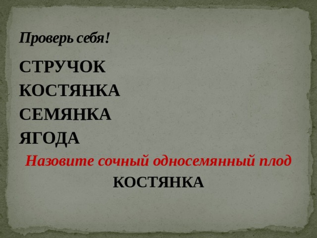 Проверь себя! СТРУЧОК КОСТЯНКА СЕМЯНКА ЯГОДА Назовите сочный односемянный плод КОСТЯНКА  
