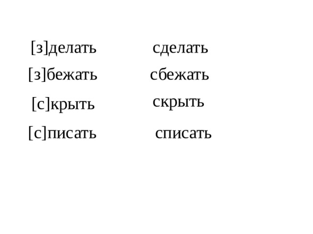 [з]делать сделать [з]бежать сбежать скрыть [с]крыть [с]писать списать 